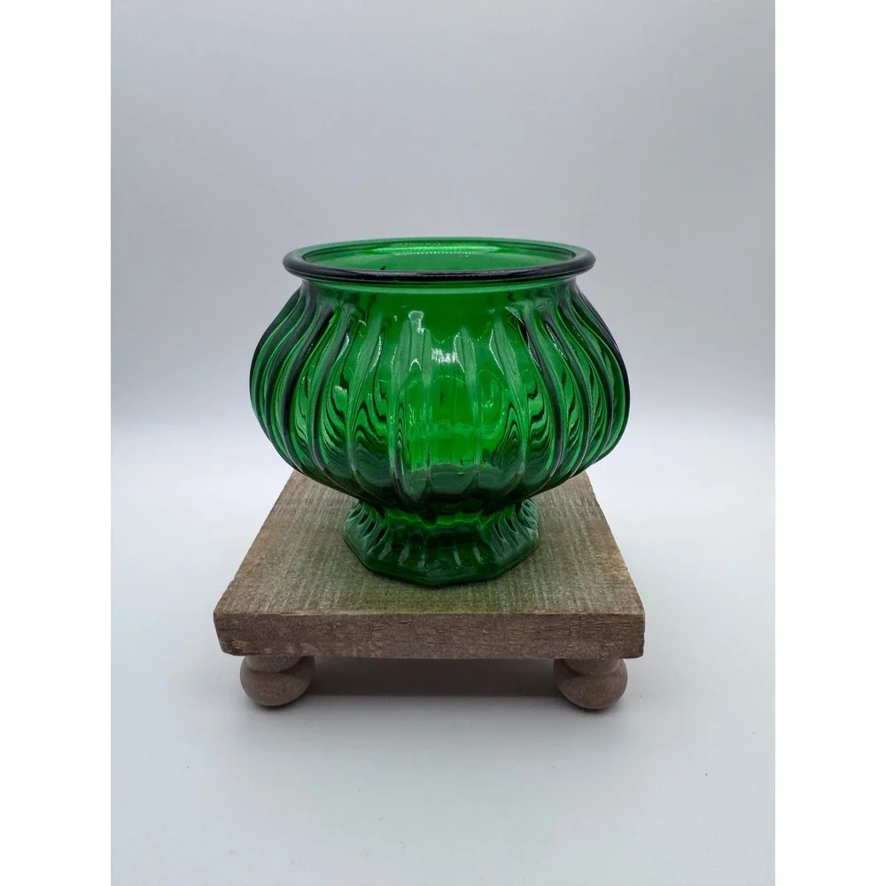 EO Brody Co Emerald Green Glass Ribbed Melon Vase Pedestal Bowl Cleveland Ohio